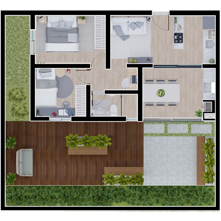 Planta de 51m² - Garden de 58m² 2 Quartos  1 Banheiro  Apartamento final 03 – com office