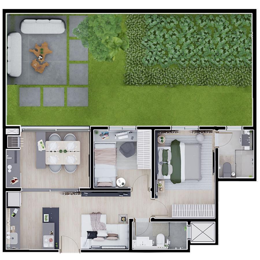Planta de 56 m² – Garden de 54 m² 2 Quartos  2 Banheiros  Apartamento final 08 – com suíte