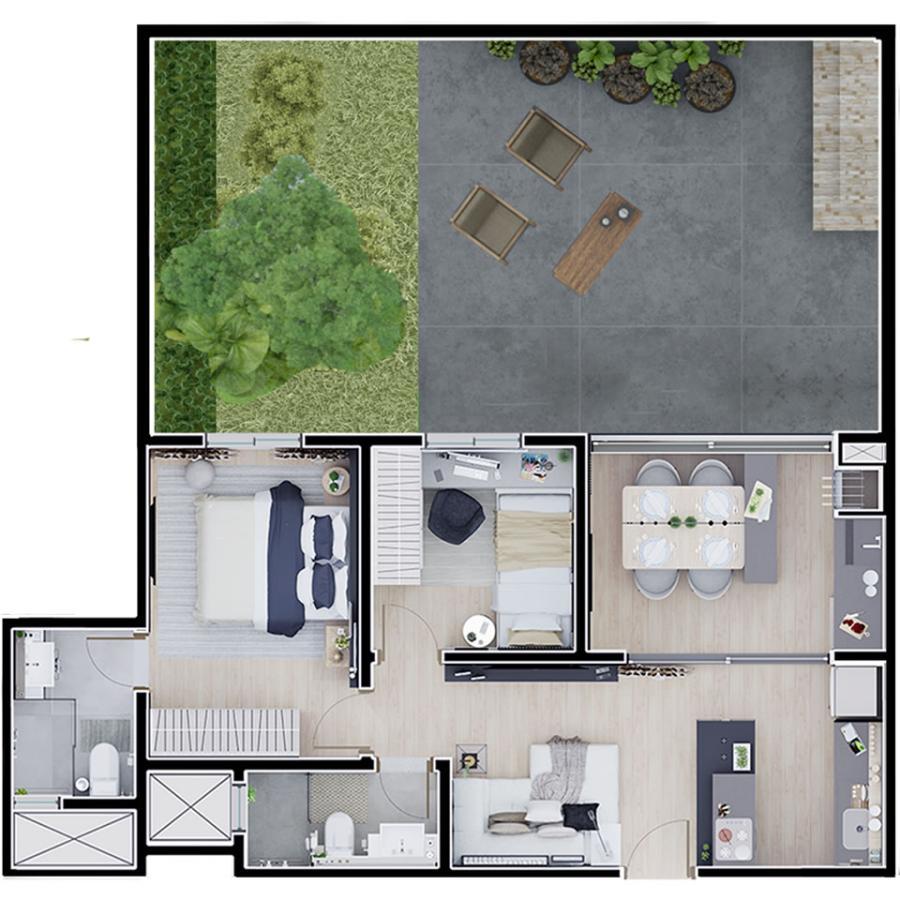 Planta 56m² - Garden de 45m² 2 Quartos  2 Banheiros  Apartamento final 06 – com suíte