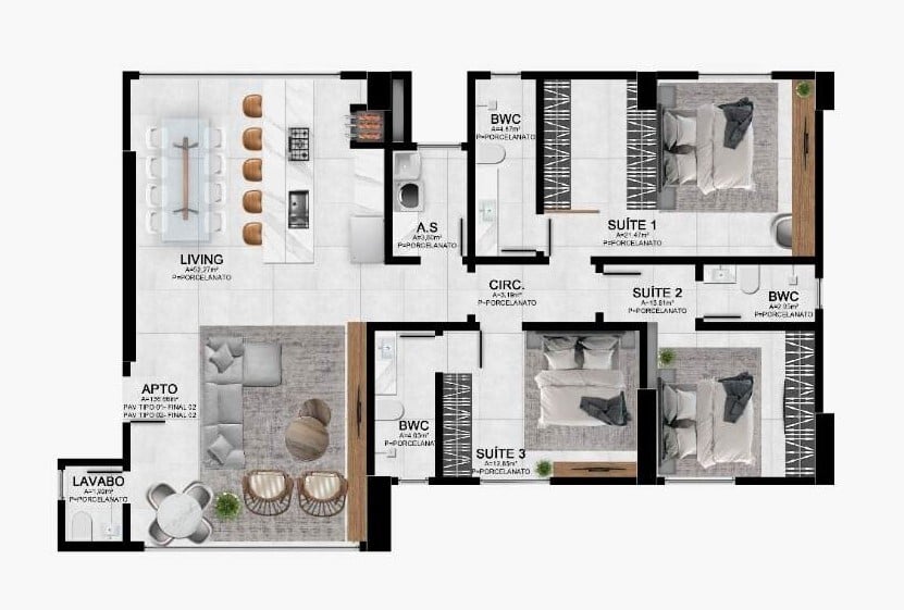 Planta 01 - 3 dorm 136,66m