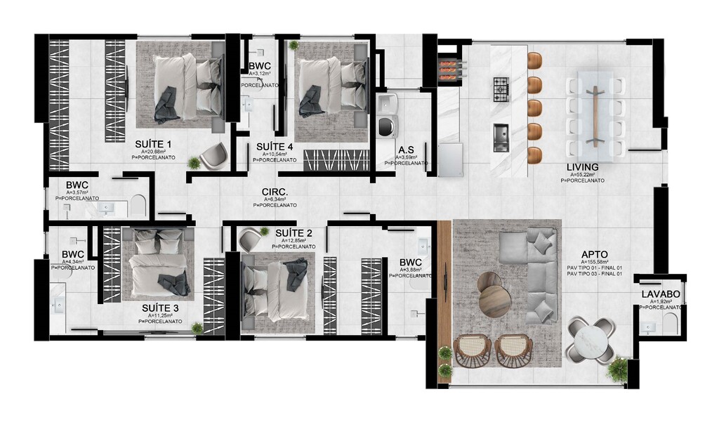 Planta 03 - 4 dorm 160,32m