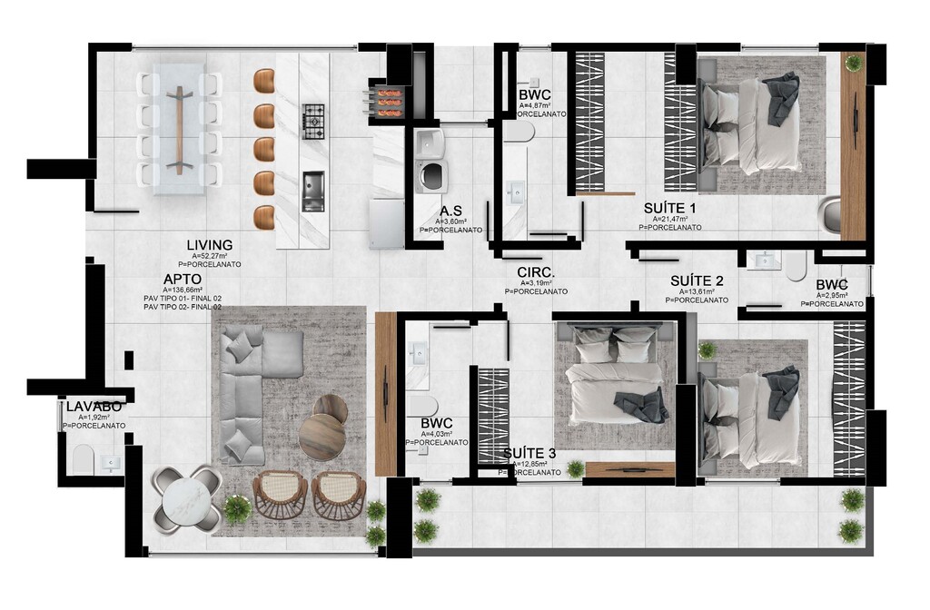 Planta 02 - 3 dorm 153,71m