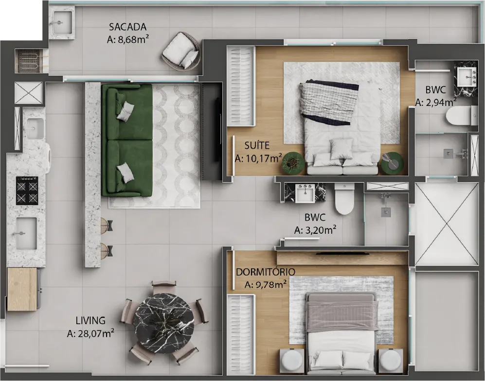 Planta 01 - 2 dorm 77,96m