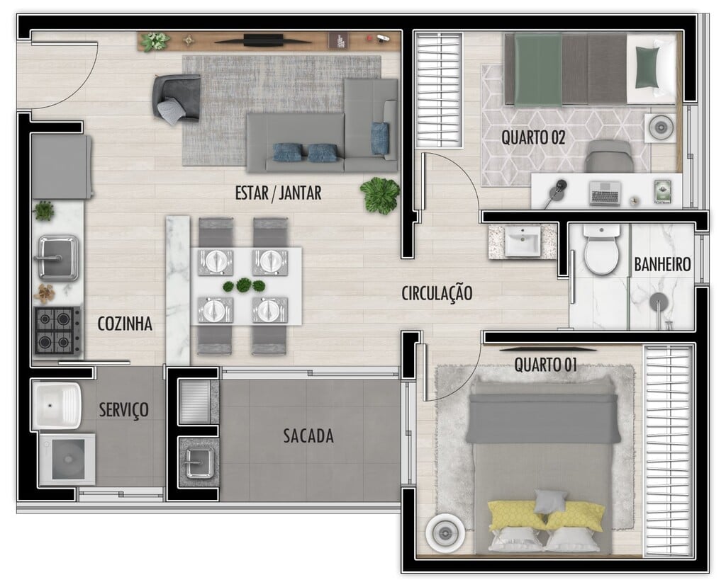 Planta 01 - 2 dorm 44 77m