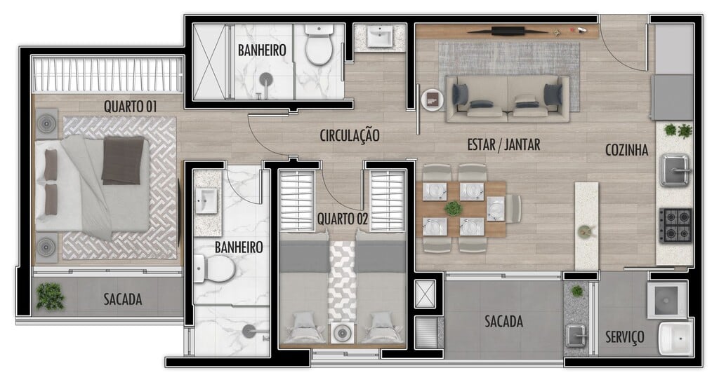 Planta 02 - 2 dorm 55 73m