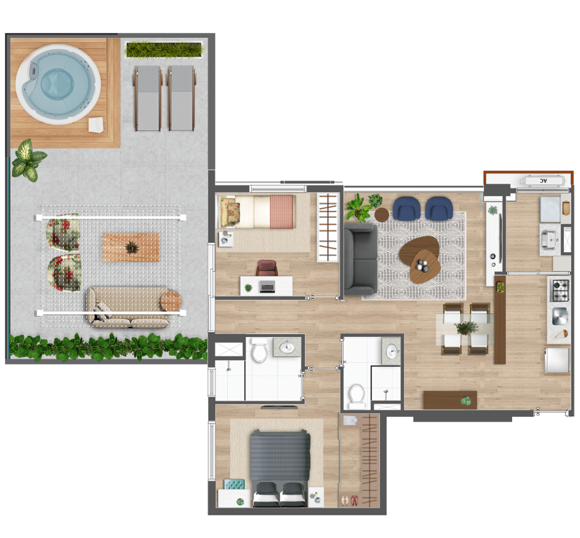 Planta 03 - 2 dorm 113 74m² - garden