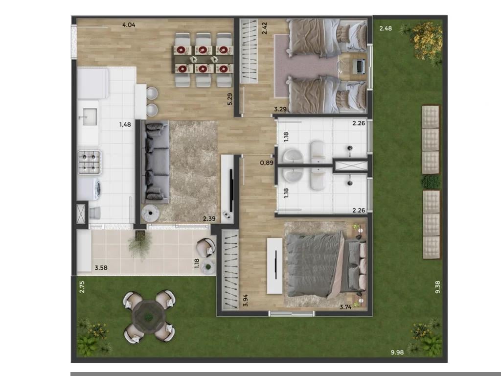 Planta 04 - 2 dorm 110,90m² - garden