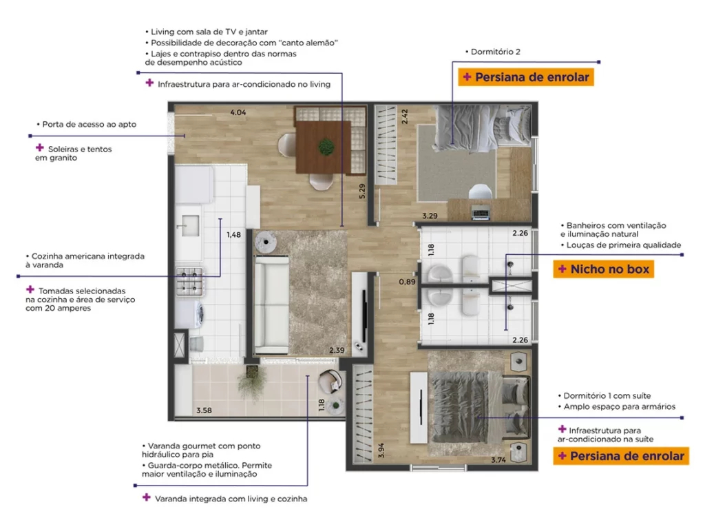 Planta 01 - 2 dorm 56,20m²