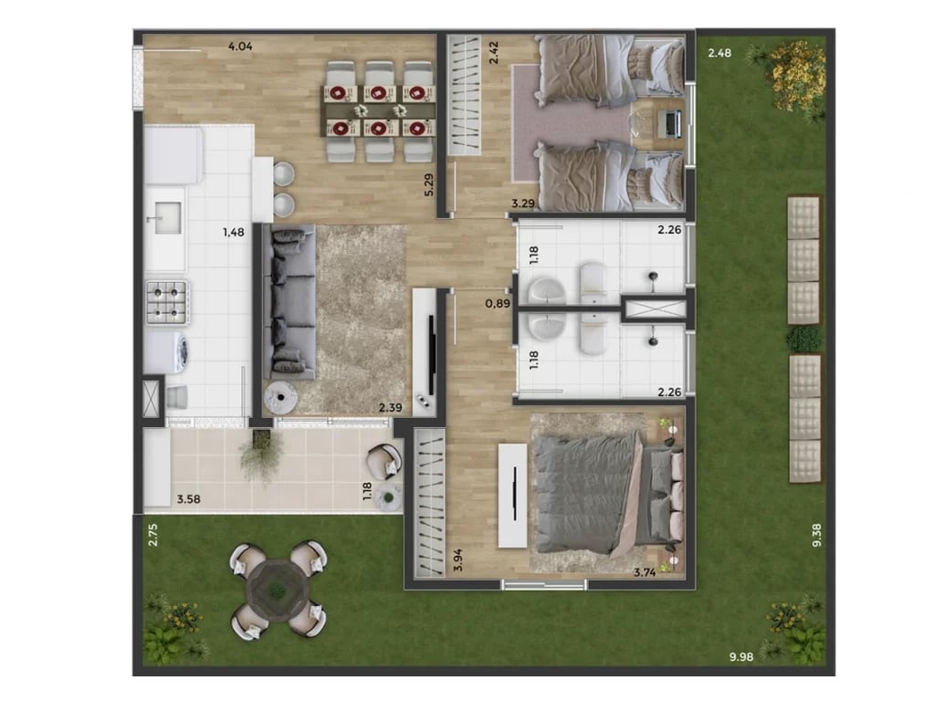 Planta 04 - 2 dorm 110,90m² - garden