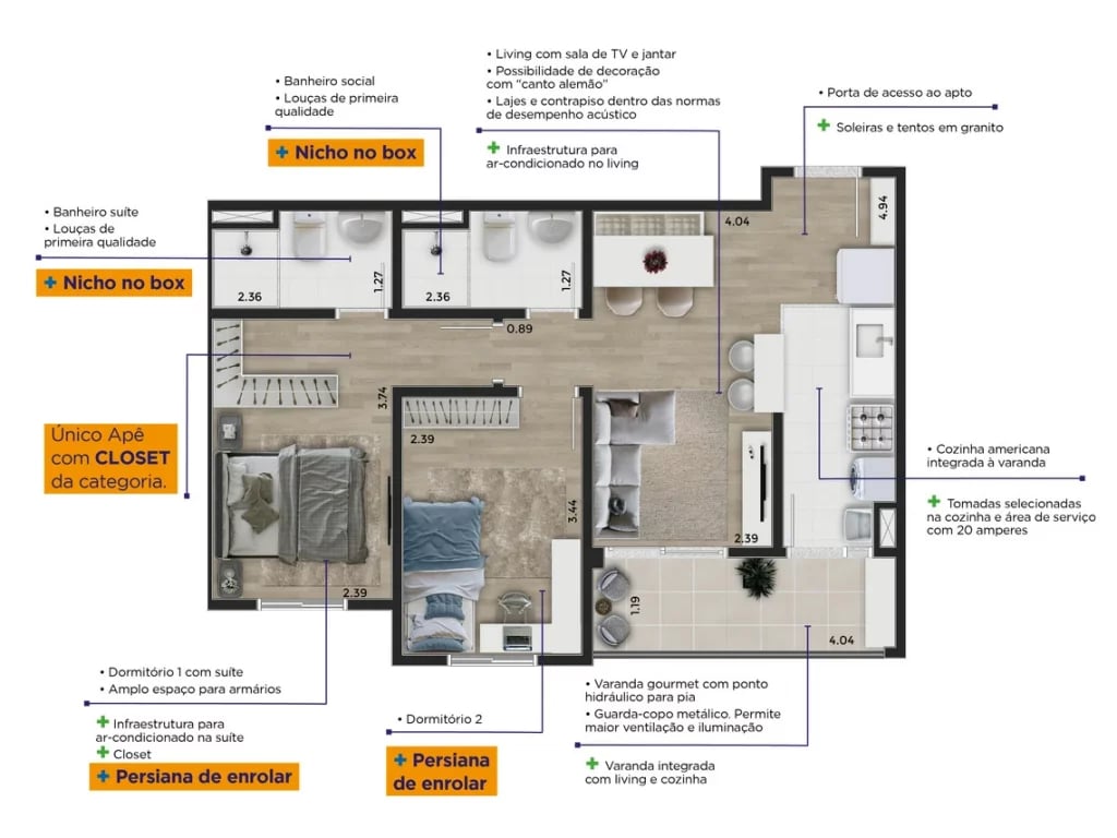 Planta 02 - 2 dorm 56,80m²