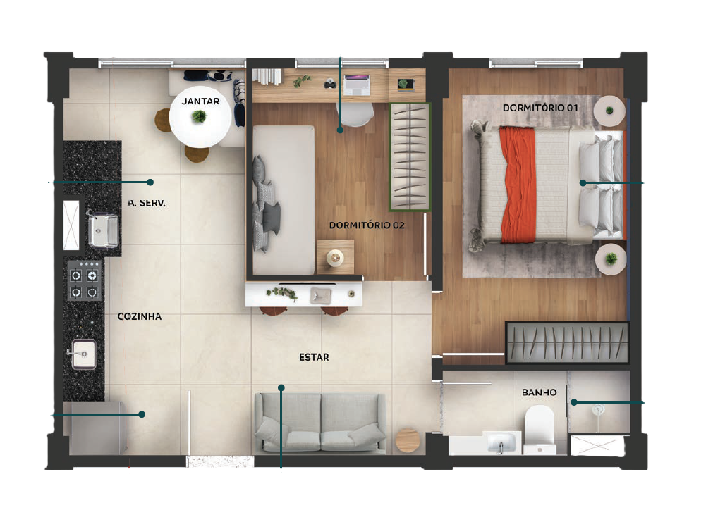 Planta 01 - 2 dorm 38,61m²