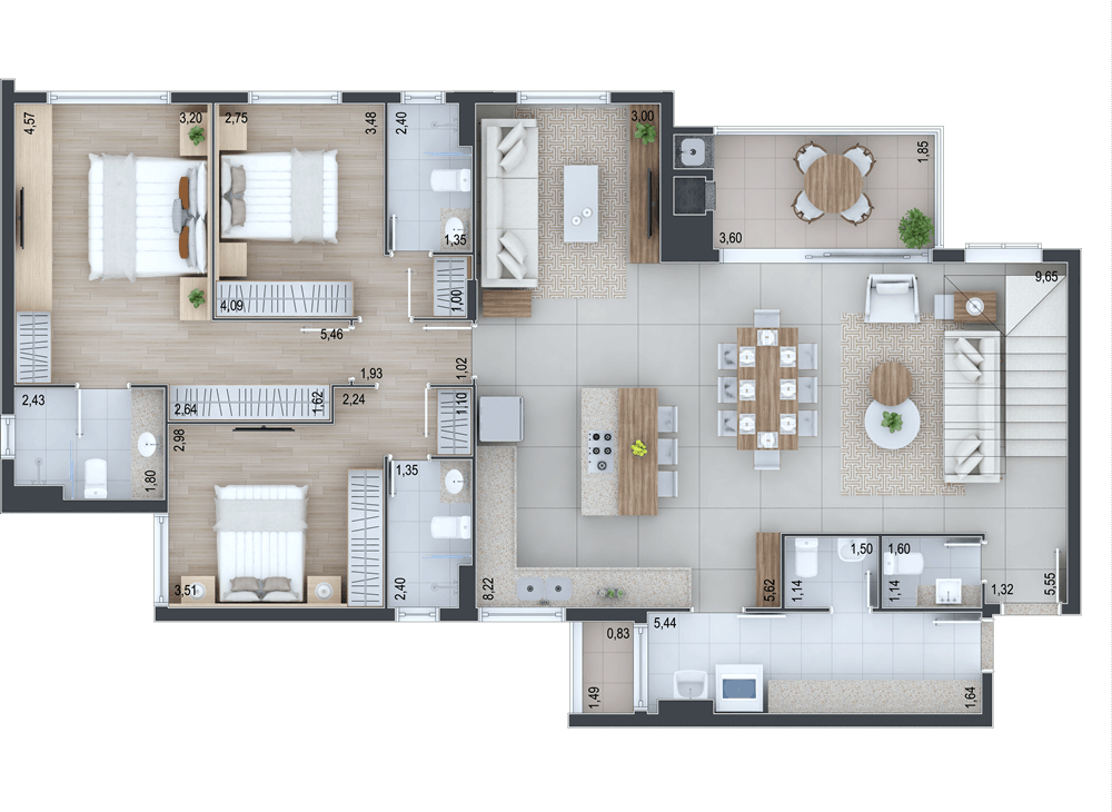 Planta 08 - 3 dorm 236,04m - cobertura duplex - inferior