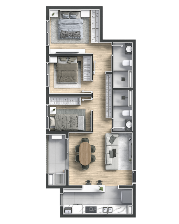 Planta 01 - 3 dorm 70,23m