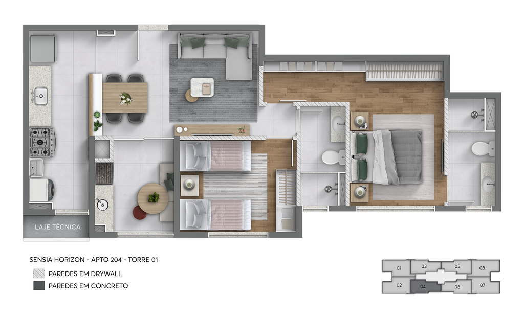 Planta 01 - 2 dorm 60,58m