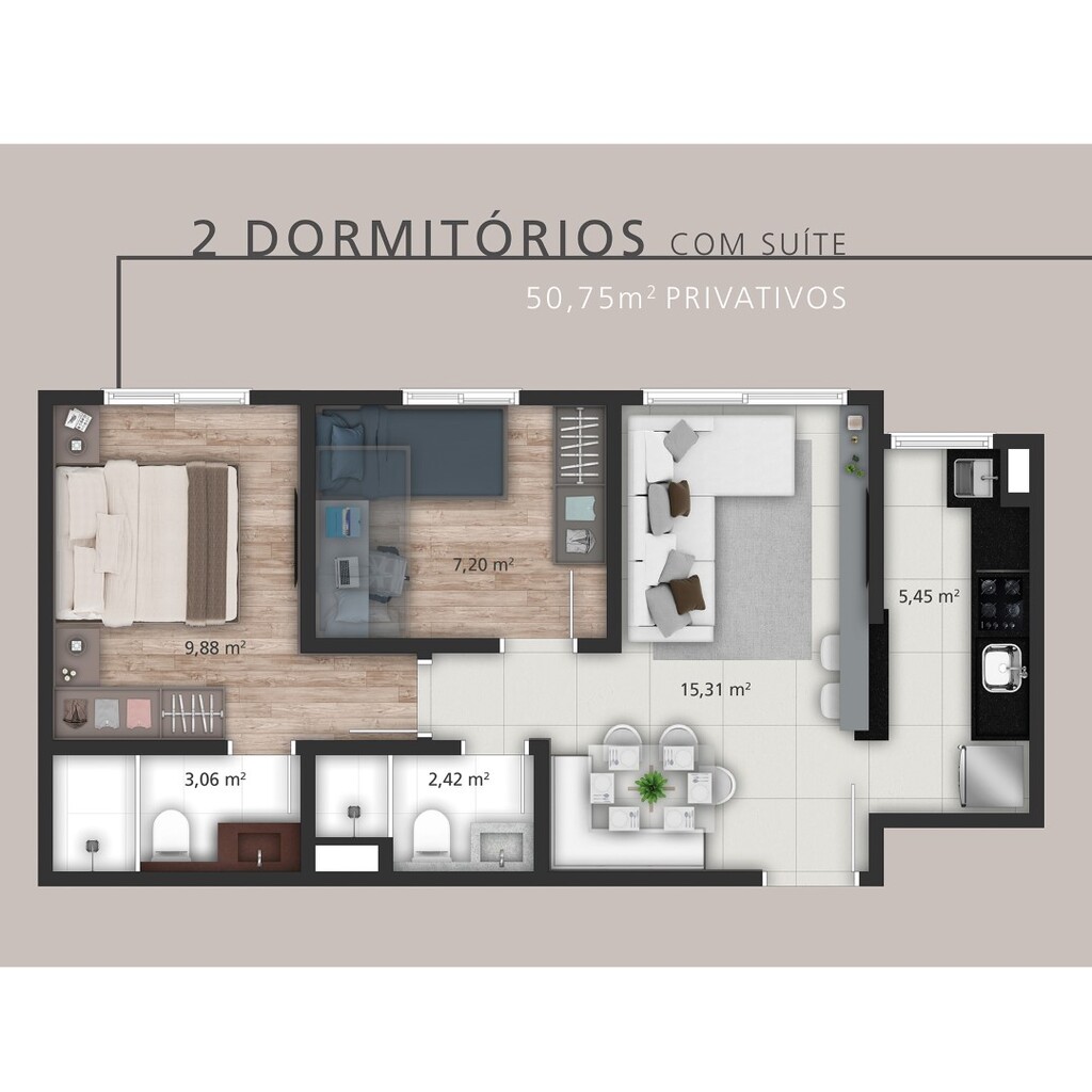 Planta 04 - 2 dorm 50 75m