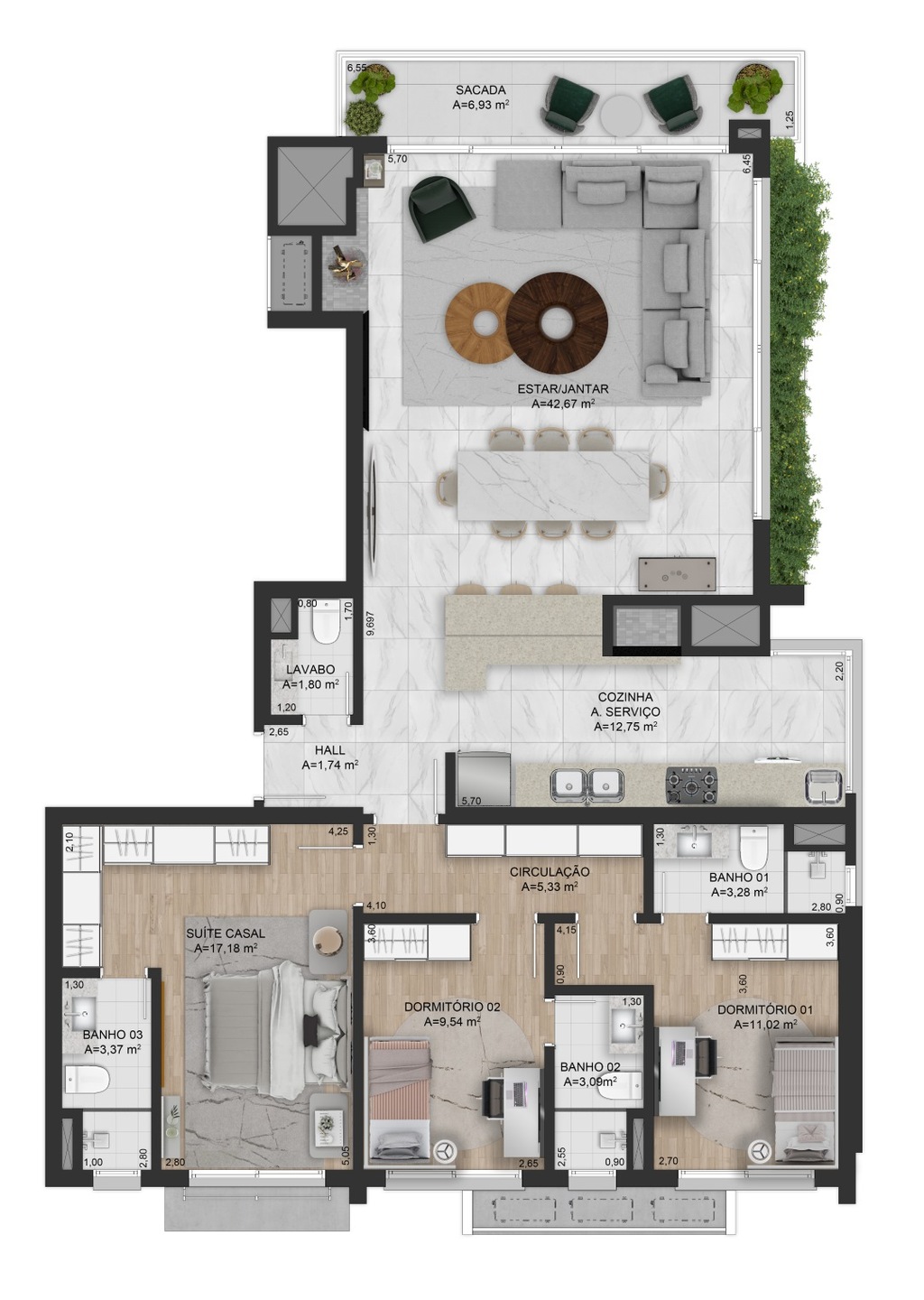 Planta 01 - 3 dorm 151m