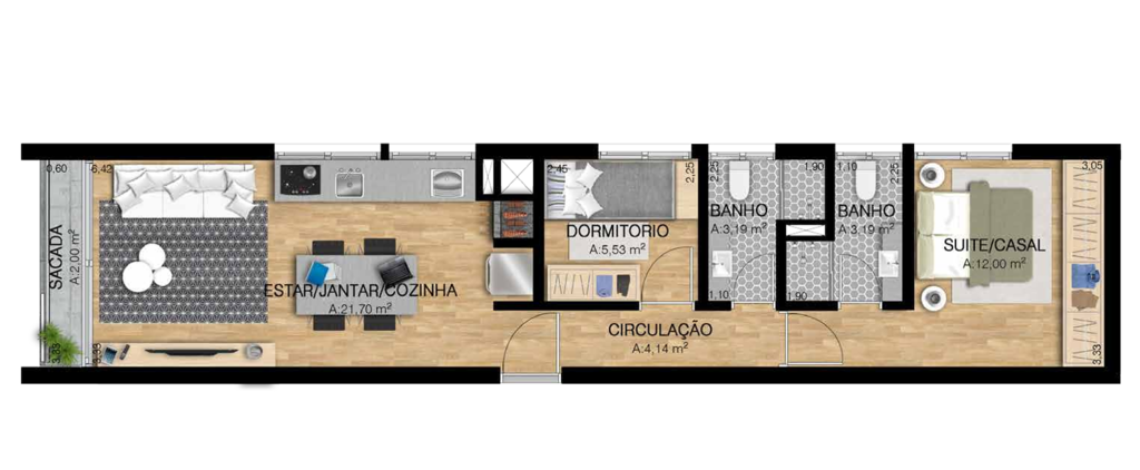 Planta 01 - 2 dorm 63 99m