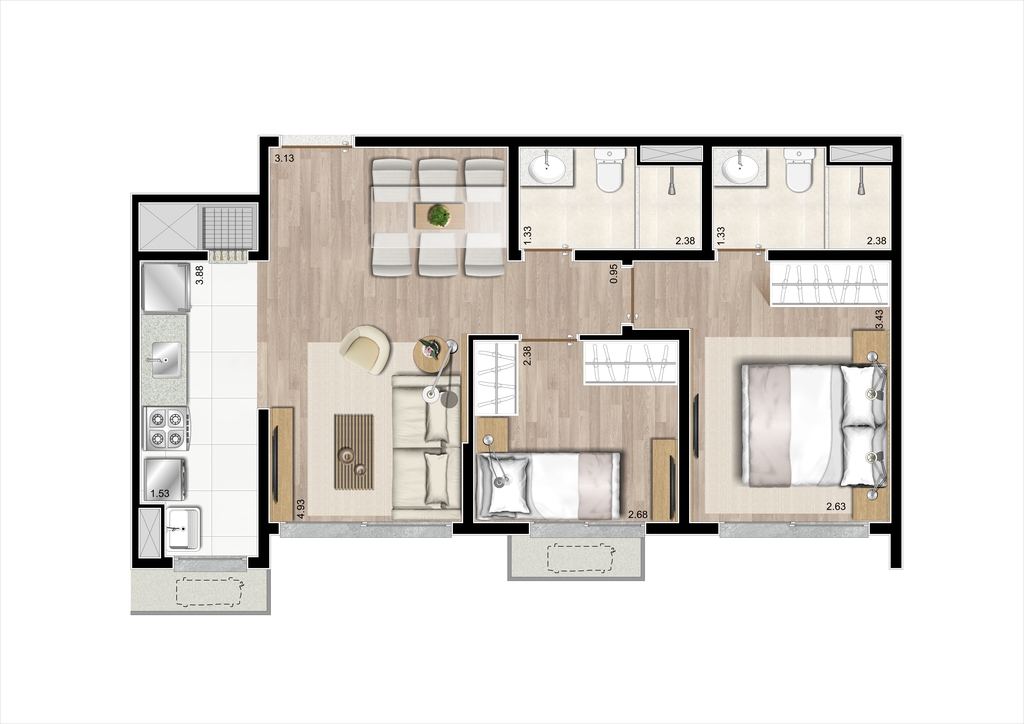 Planta 01 - 2 dorm 55m