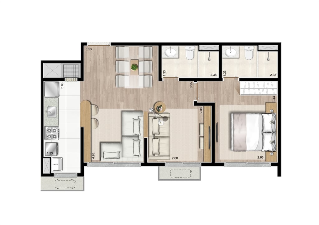 Planta 02 - 1 dorm 55m - opo