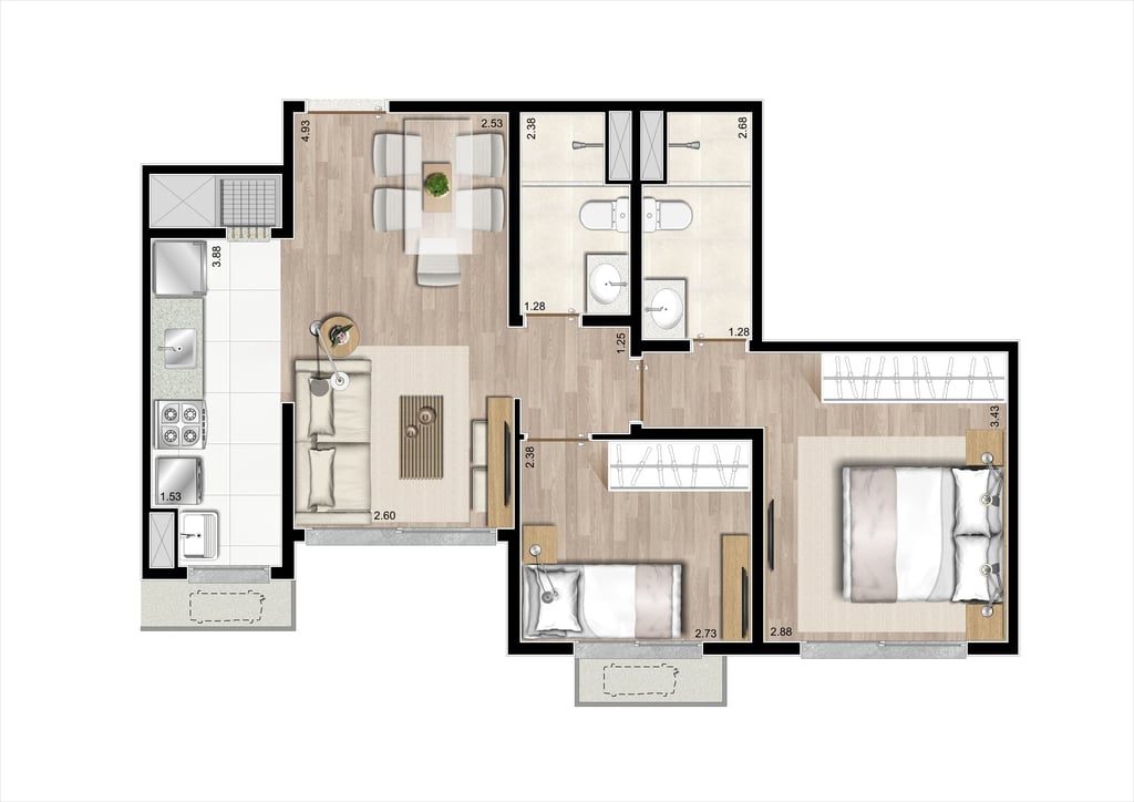 Planta 03 - 2 dorm 56m