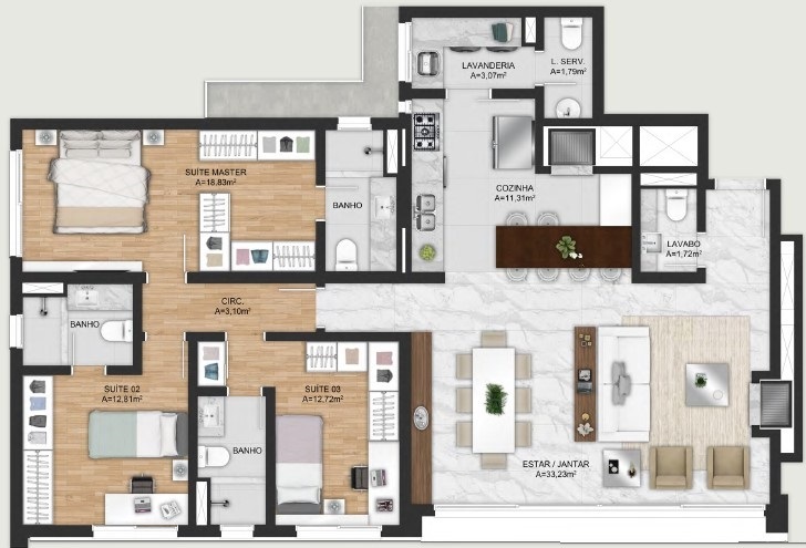 Plantas 03 - 3 dorm 129m