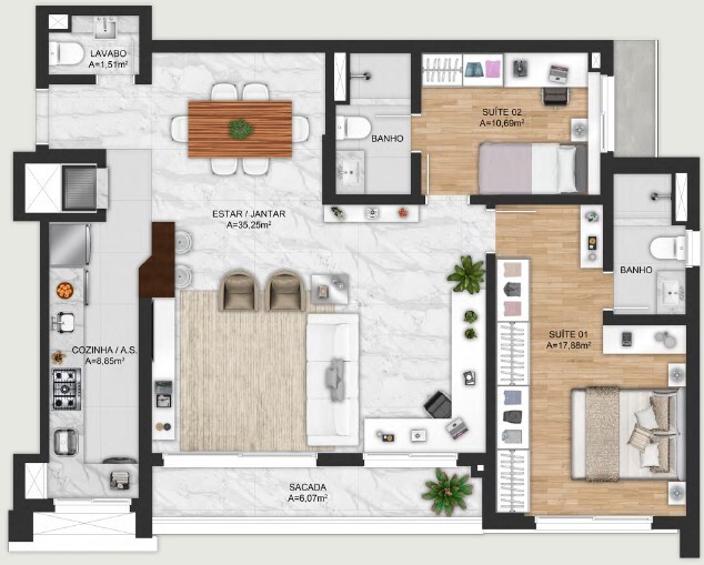 Plantas 01 - 2 dorm 100m