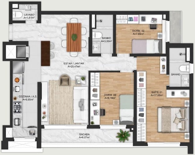 Plantas 02 - 3 dorm 100m