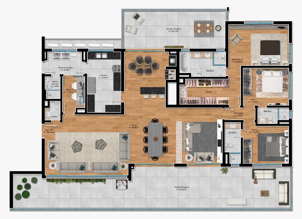 Planta 04 - 3 dorm 305m - garden