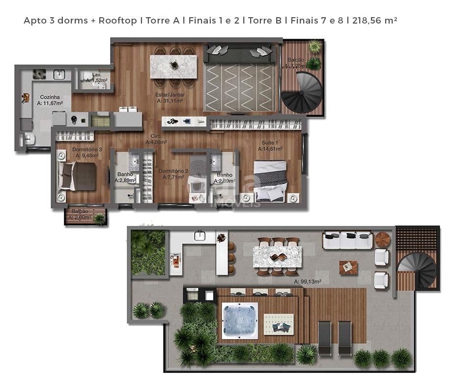 Planta 13 - 3 dorm   rooftop - 218,56m - torre b - final 01 e 02