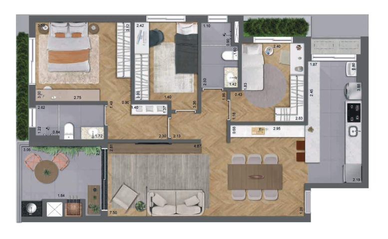 Planta 01 - 3 dorm 94m²