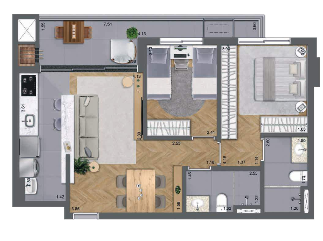 Planta 05 - 2 dorm 68m²