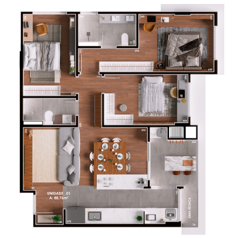 Planta 01 - 3 dorm 88 76m²