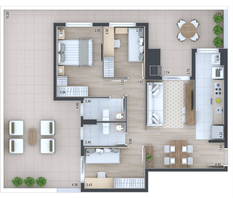 Planta 01 - 3 dorm 66m² - garden