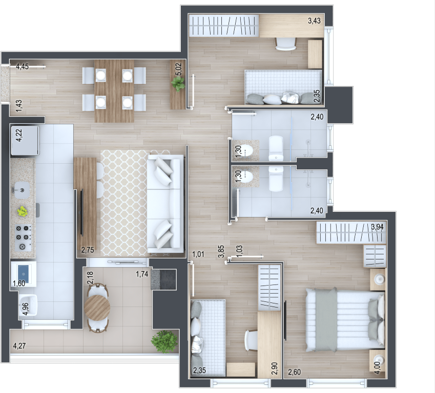 Planta 02 - 3 dorm 67m²