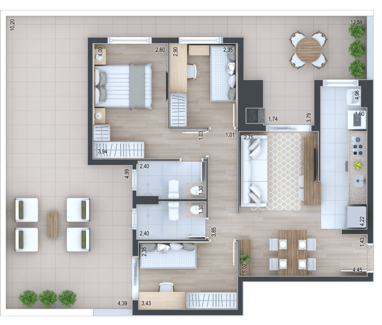 Planta 01 - 3 dorm 66m² - garden