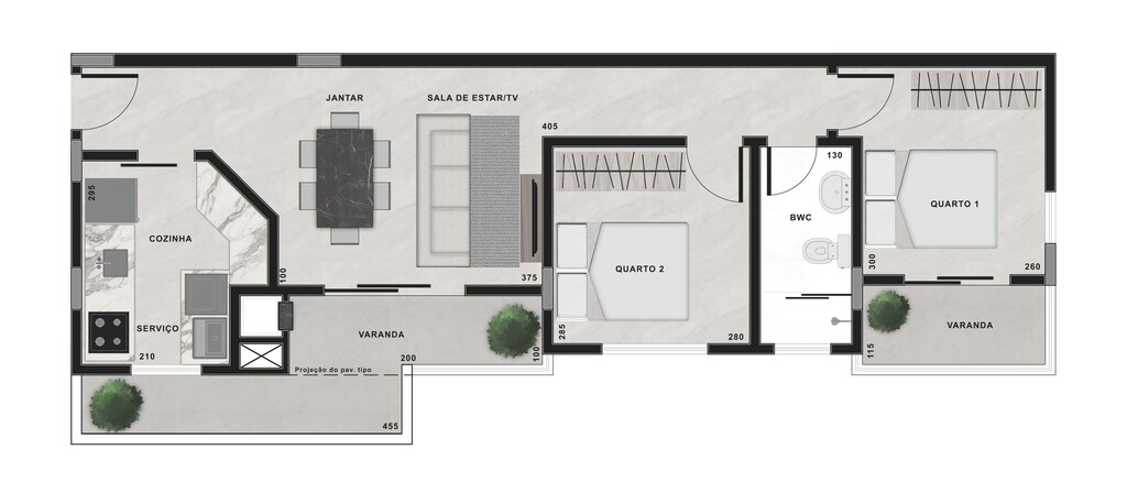 Planta 05 - 2 dorm 70,45m² - garden