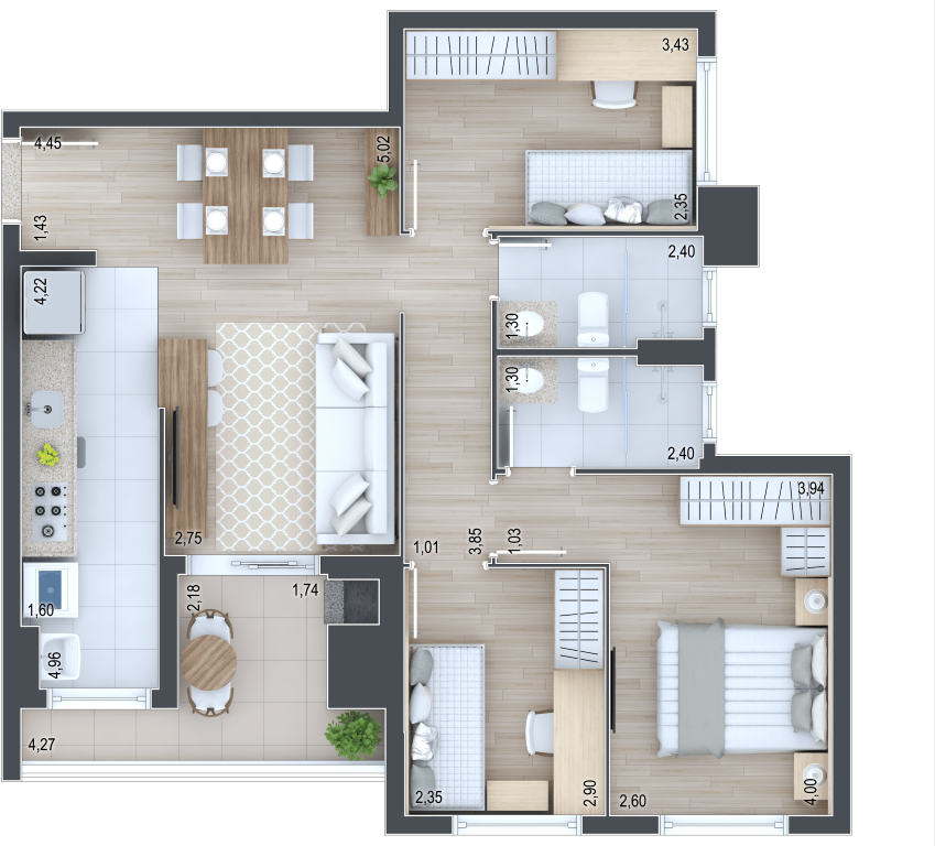 Planta 02 - 3 dorm 67m²