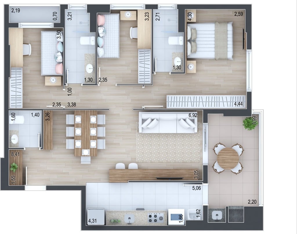 Planta 03 - 3 dorm 100,58m²