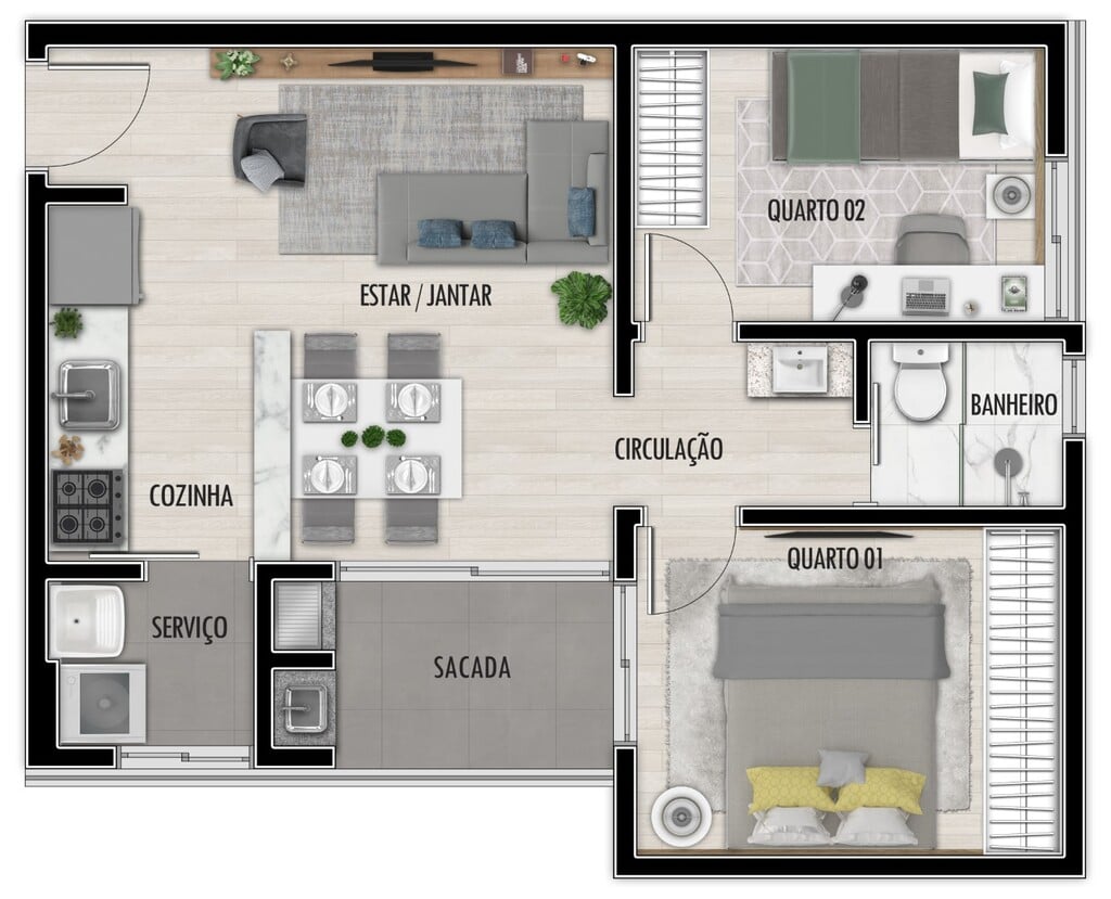 Planta 01 - 2 dorm 44 77m²