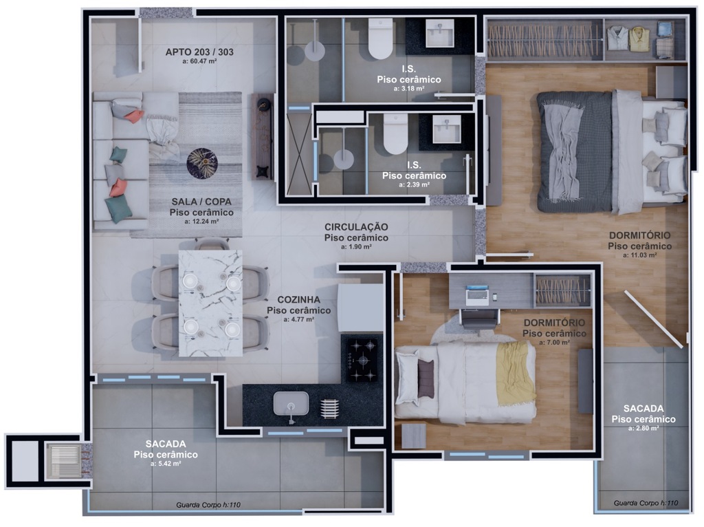 Planta 03 - 2 dorm 60,23m²