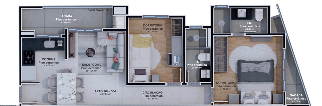 Planta 02 - 2 dorm 57,64m²