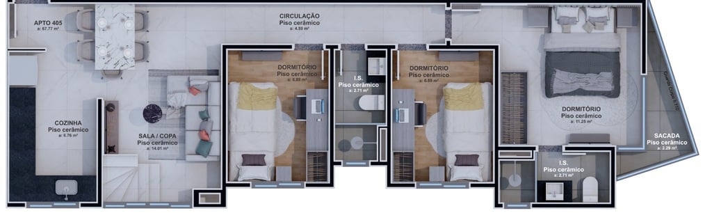 Planta 12 - 3 dorm 132,71m² - cobertura duplex - inferior