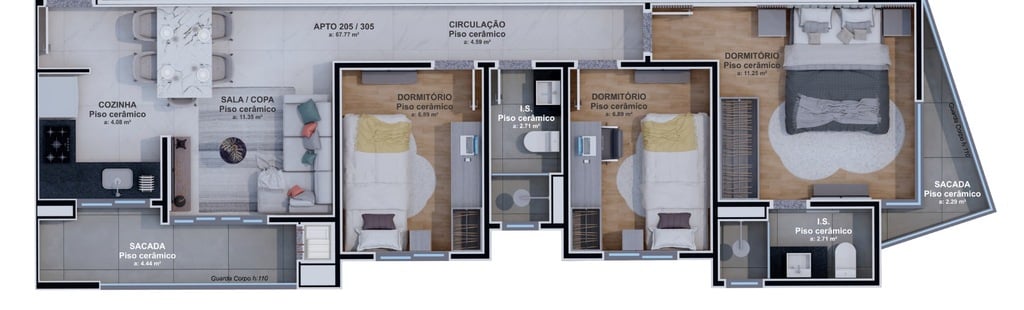 Planta 04 - 3 dorm 67,85m²