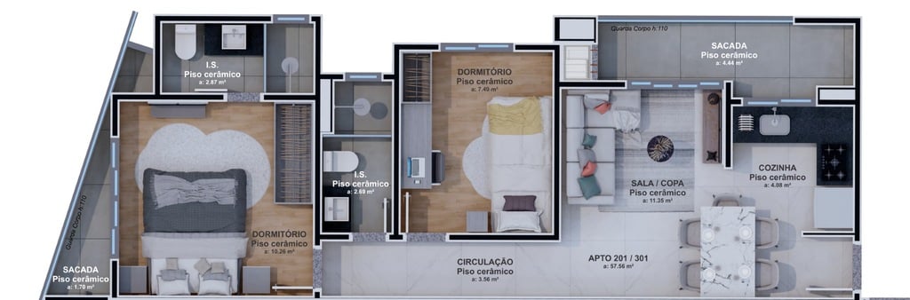 Planta 01 - 2 dorm 57,64m²