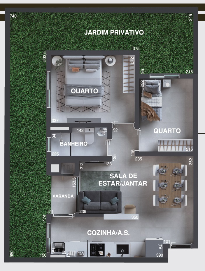 Planta 08 - 2 dorm 77,16m² - garden