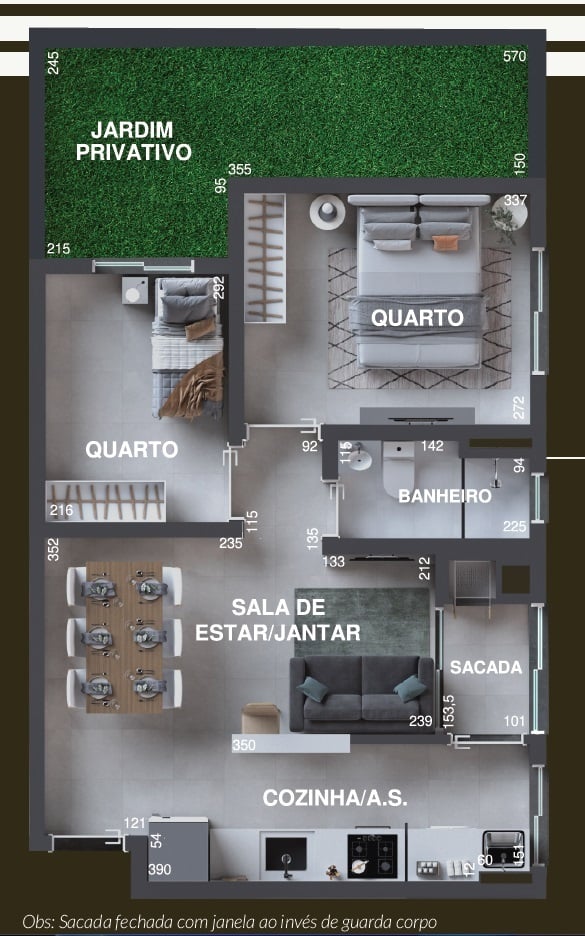 Planta 04 - 2 dorm 60,09m² - garden