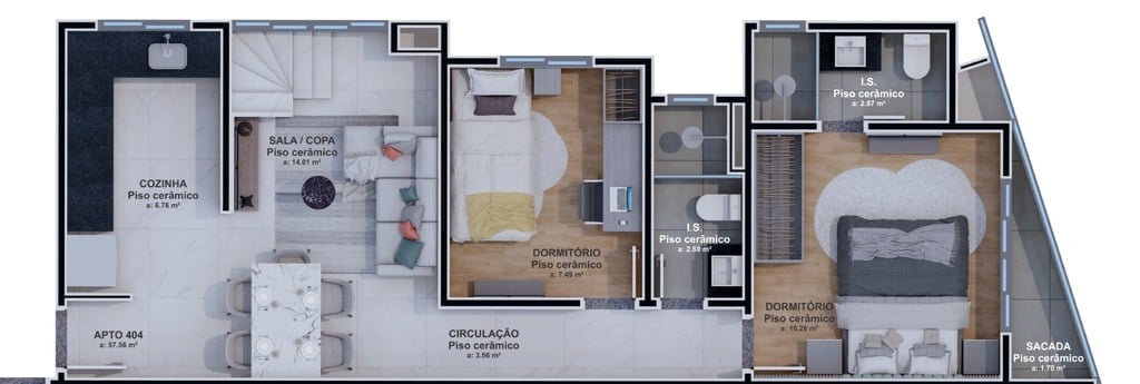 Planta 08 - 2 dorm 116,88m² - cobertura duplex - inferior