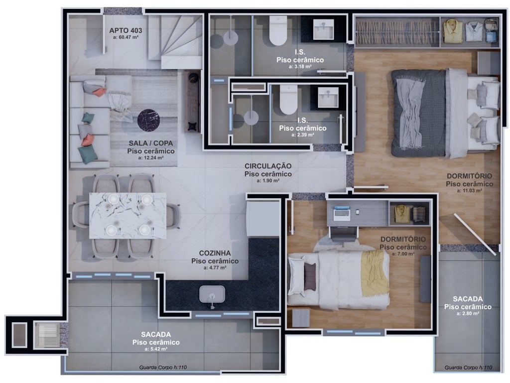 Planta 10 - 2 dorm 128,13m² - cobertura duplex - inferior