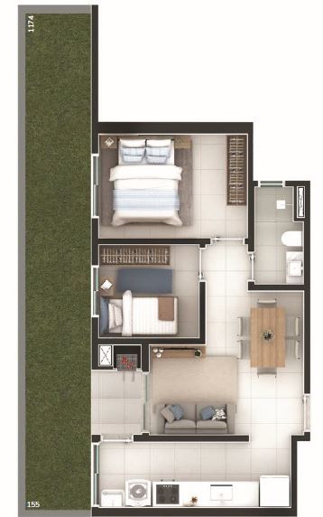 Planta 01 - 2 dorm 45 80m² - garden