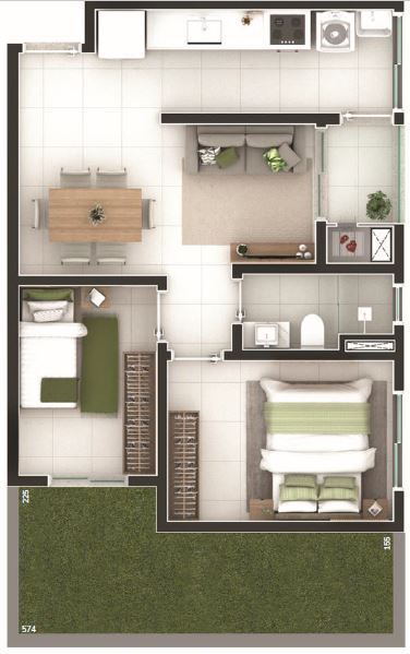 Planta 13 - 2 dorm 47 01m² - garden